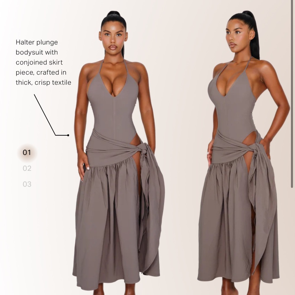 Elegant Halter Plunge High Low Dress in Taupe